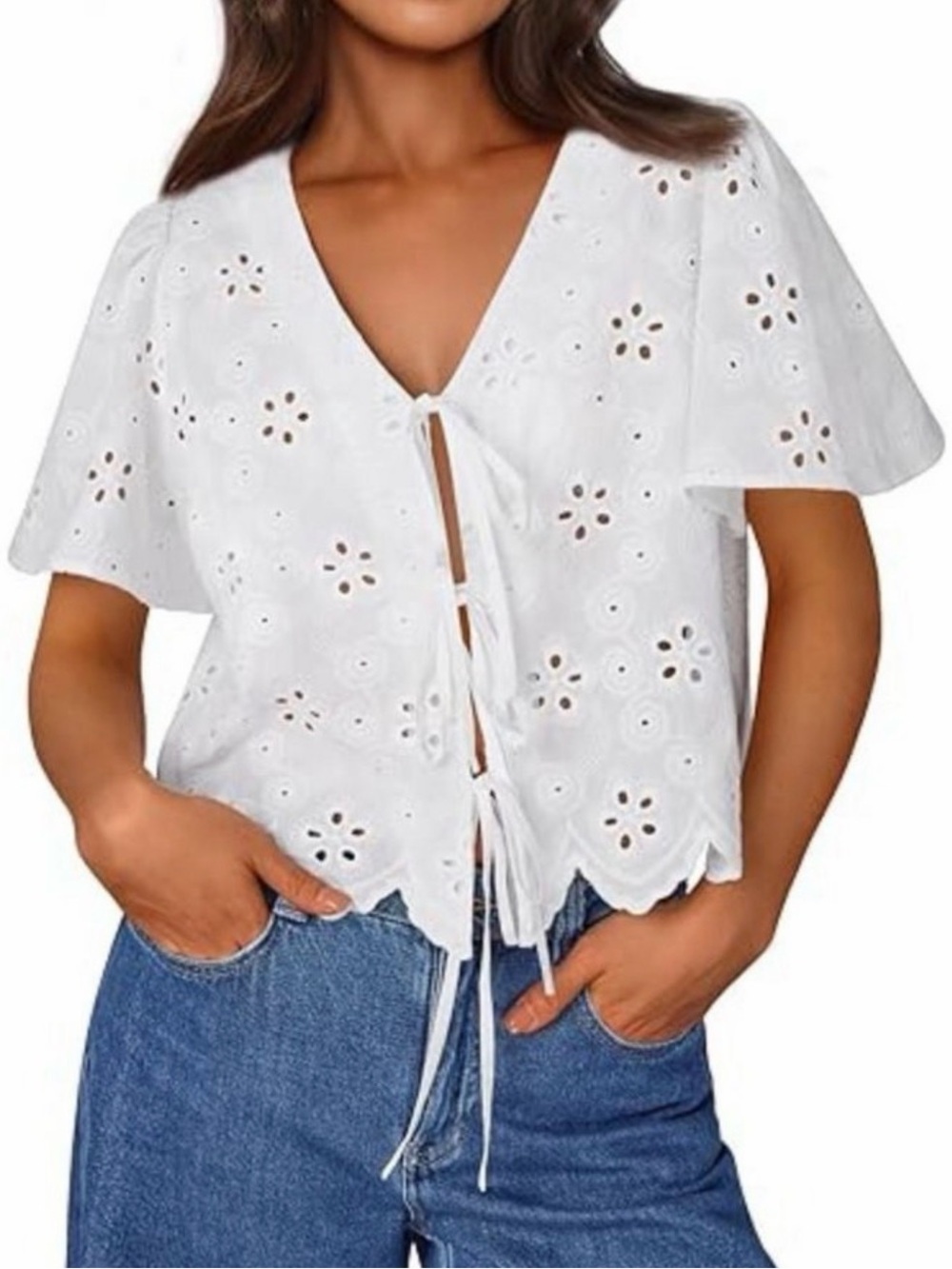 NWT White Eyelet Embroidered Tie Front Top Cottagecore Boho Medium